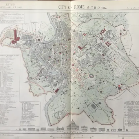 City Of Rome Italy Victorian Letts 1882 Antique Coloured Map.