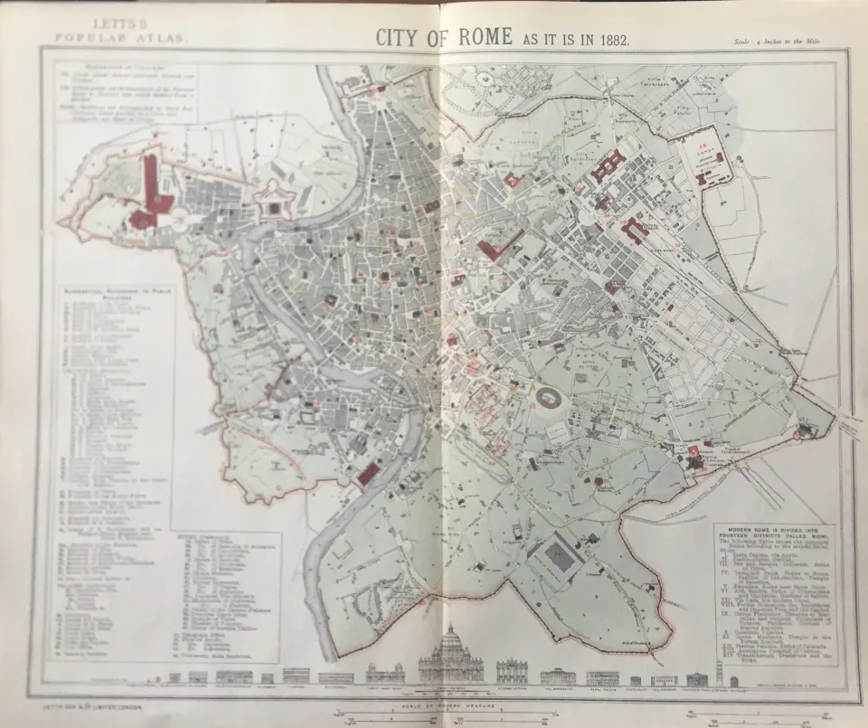 City Of Rome Italy Victorian Letts 1882 Antique Coloured Map.