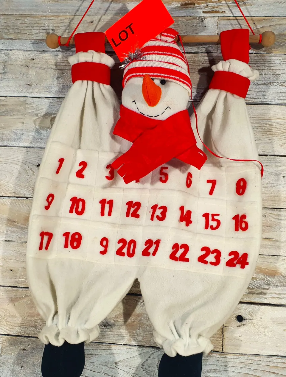 3D fabric, hanging Snowman advent calendar. 55cm x 37cm
