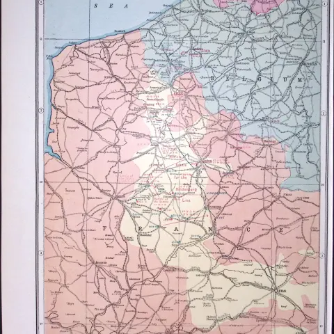 WW1 Western Front British & German Attacks Coloured Antique Map