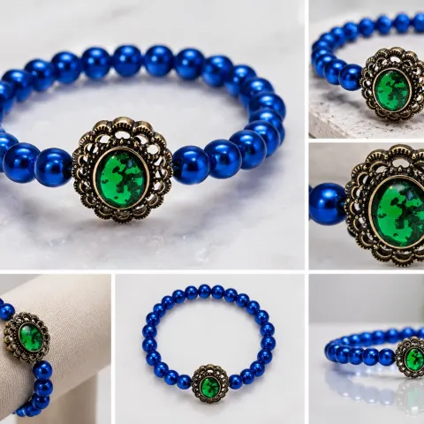 Blue Beaded Bracelet with Green Oval Centrepiece