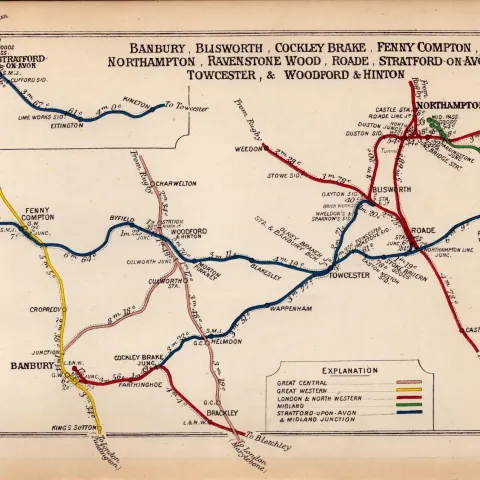 Banbury, Northampton, Stratford On Avon, Towcester, Antique Railway Diagram-2.