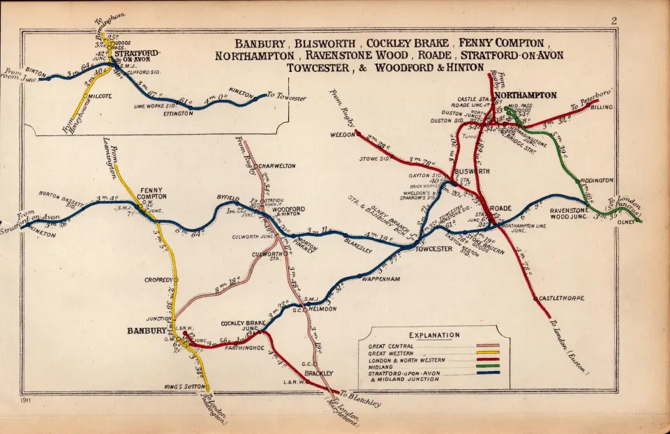 Banbury, Northampton, Stratford On Avon, Towcester, Antique Railway Diagram-2.