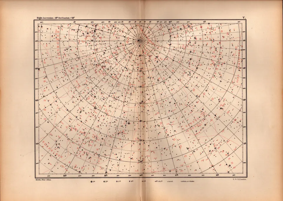Star Atlas Declination 18 Hr +58 Degrees Astronomy Antique Map.