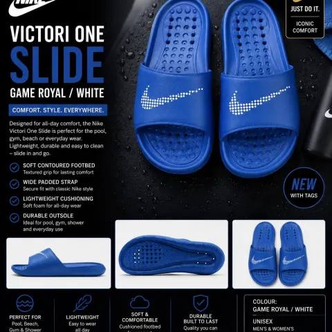 Nike Victori One Slide Game Royal White Men's Women's Pool Shower Slides Blue RRP £30
