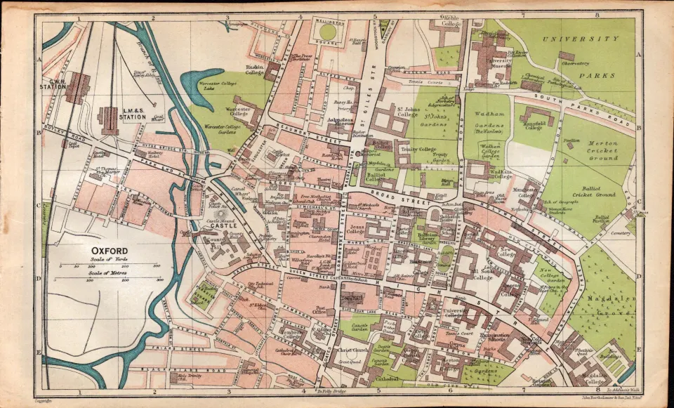 Oxford City Center Road & Steet Plan Coloured Vintage 1924 Map.