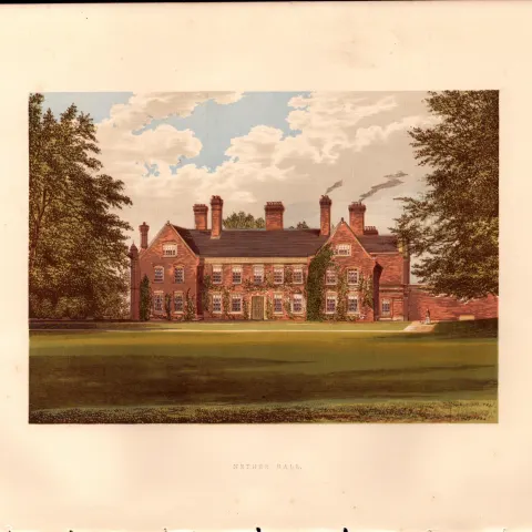 Nether Hall Farmhouse Suffolk Gilt-Edge Coloured Antique Book Plate.