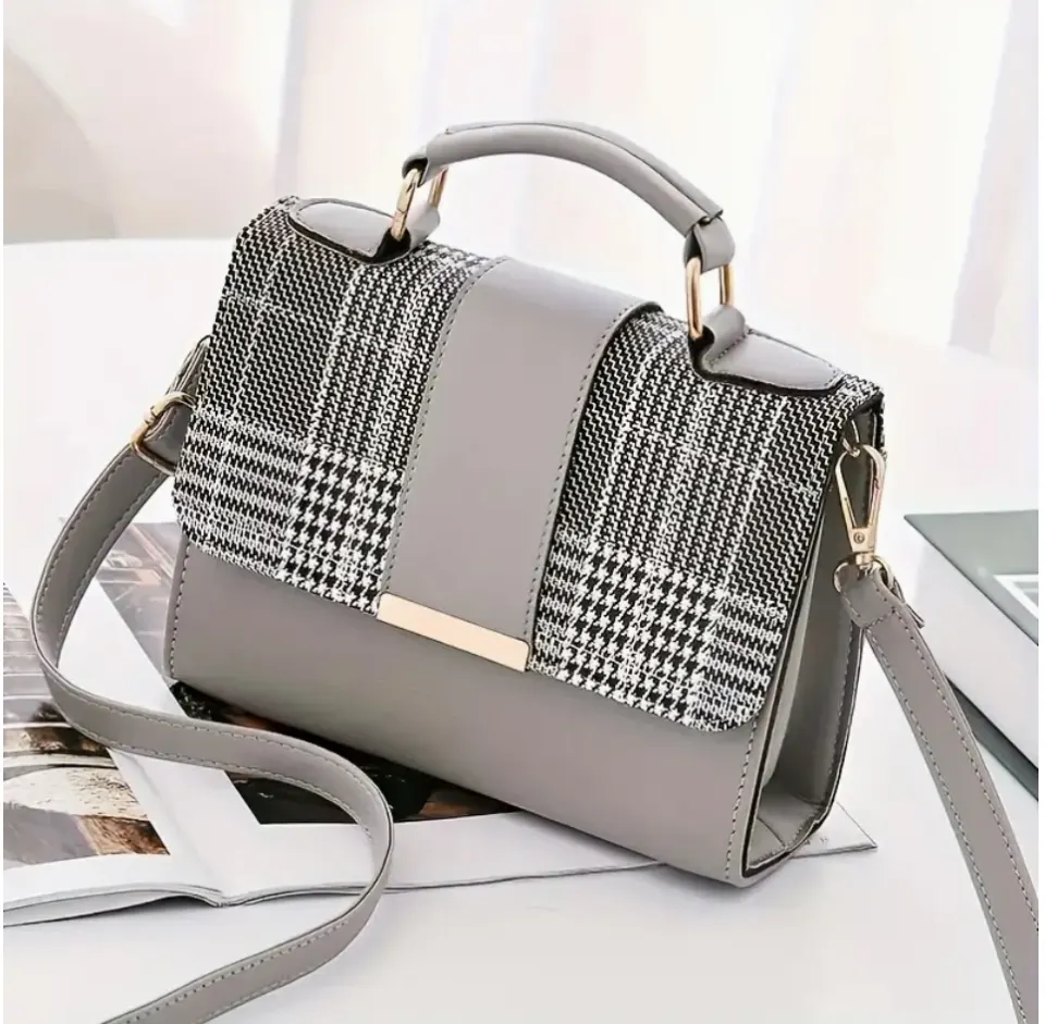 Checkered Women's Crossbody Bag - Fashionable Button Top Handle