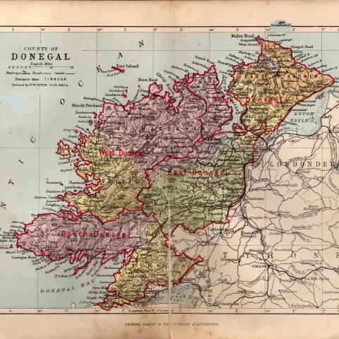 County of Donegal Ireland Antique Detailed Coloured Victorian Map.