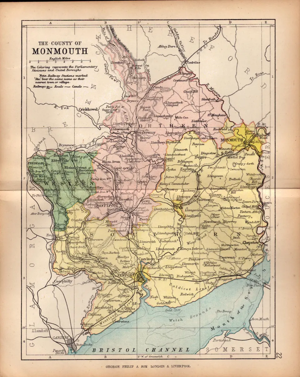 County of Monmouthshire 1895 Antique Victorian Coloured Map.