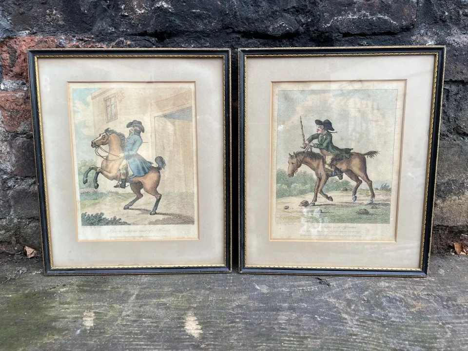 Pair of C18th aquatint engravings the tumbler and how to make the most of a horse after H Bunbury