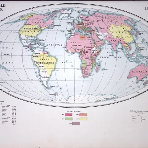 WW1 World at War 1914-1918 Shows Year of Entry into War Antique Map