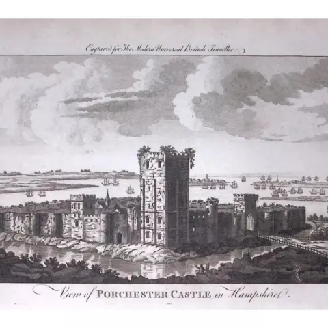 Porchester Castle Hampshire Rare 247-Year-Old Antique Copperplate Engraving -23-TR