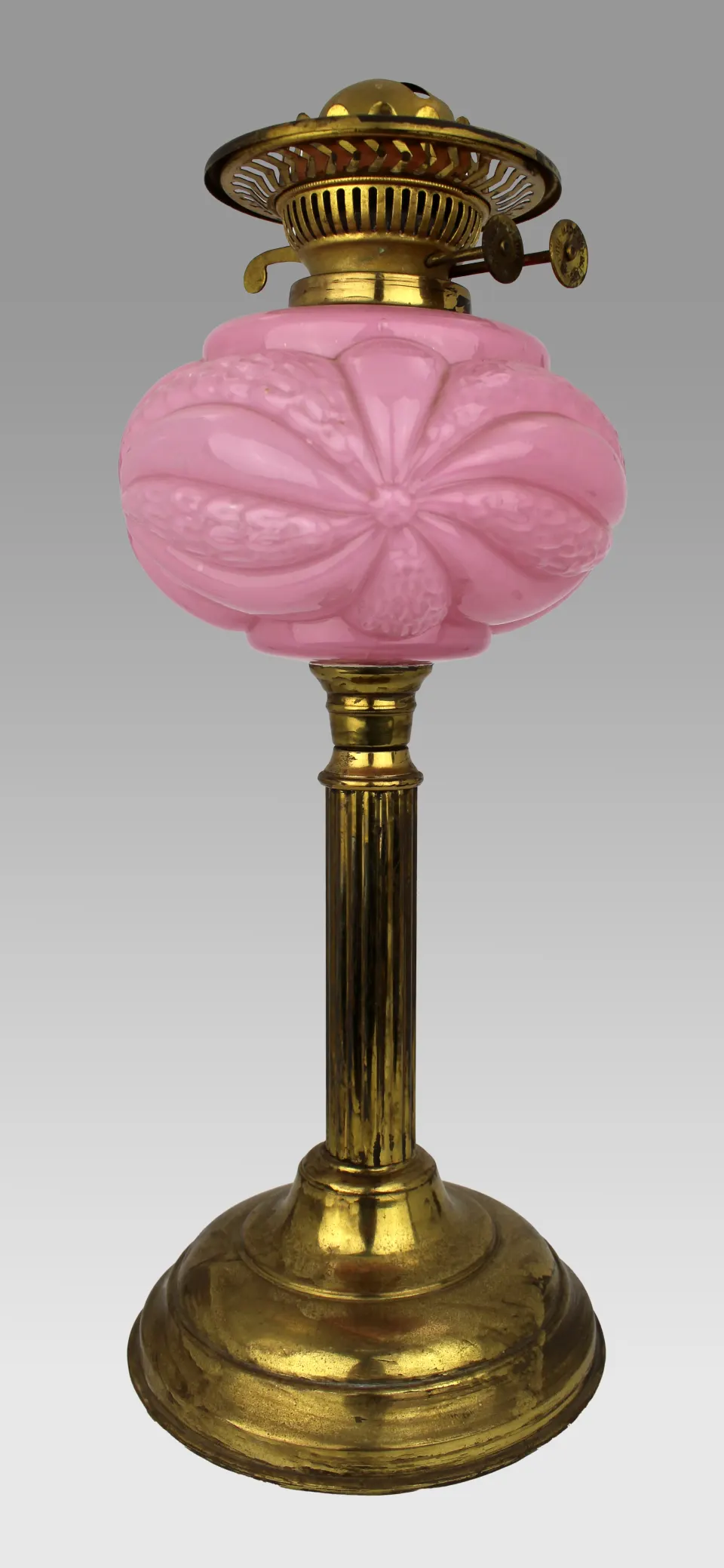 Victorian Brass Oil Lamp with Pink Glass Shade