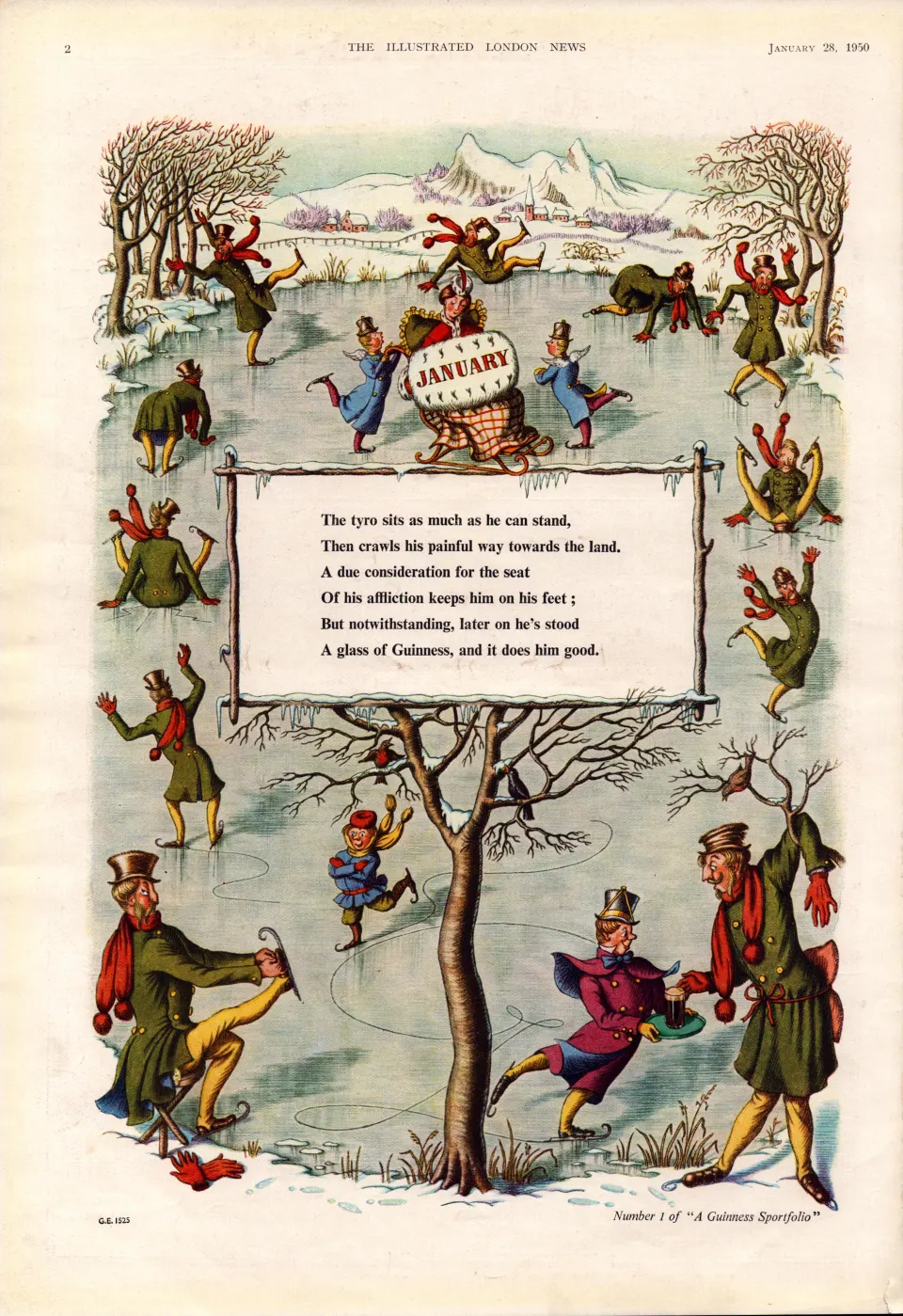 Original 74-Year-Old 1950 Guinness Print Month of January– GE 1525  #-11.