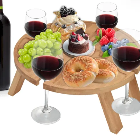 Portable Wine Picnic Table Foldable Wooden Snack Tray With Glass Holder – Outdoor