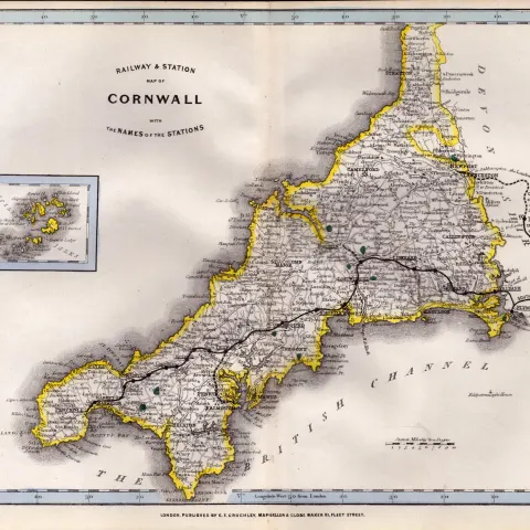 Cornwall Cruchley Scarce Antique Railways & Stations Coloured Map.