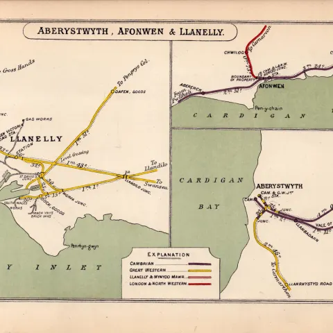 Aberystwyth Afonwen Llanelly  Wales Antique Railway Diagram 90.