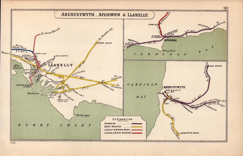 Aberystwyth Afonwen Llanelly  Wales Antique Railway Diagram 90.