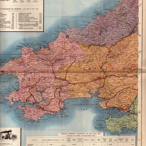 Western Wales Large Victorian Letts 1884 Antique Coloured Map.