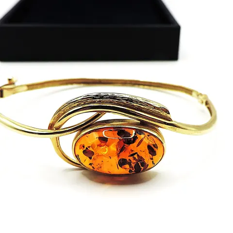 Artisan 14k Gold Cabochon Baltic Amber Bangle Gdansk Poland c.1996