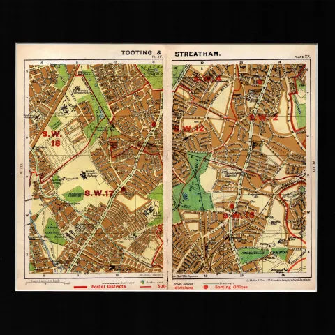 London District Tooting & Streatham Mounted Antique George V Map.