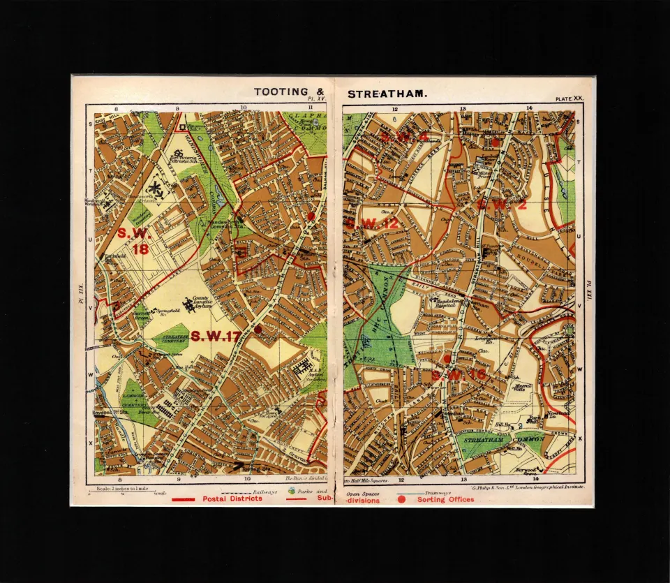 London District Tooting & Streatham Mounted Antique George V Map.