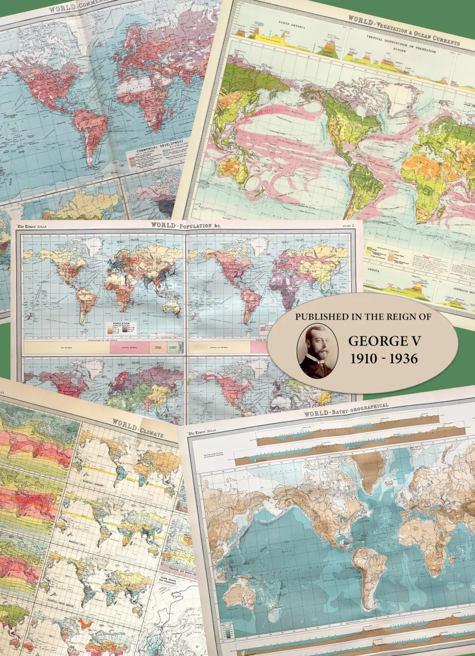 Job-Lot 5 Antique John Bartholomew Elements of The World Large Coloured Maps.