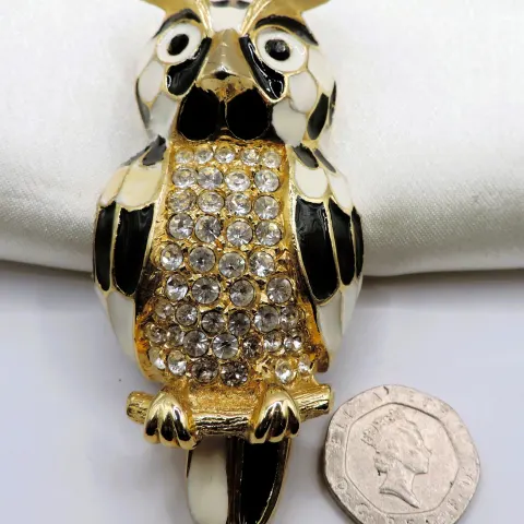 Large Vintage SARDI Signed Gold Plated Enamel Owl Brooch