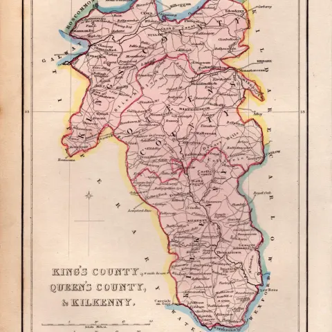 King’s & Queens County 1850’s Antique Map Mrs Hall Tour of Ireland.