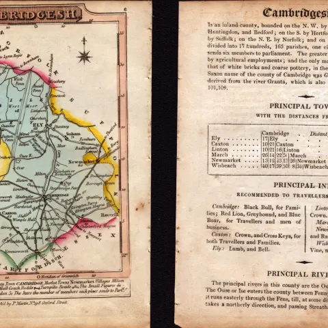 Cambridgeshire Engraved Hand Coloured George IV Antique Map & Text.