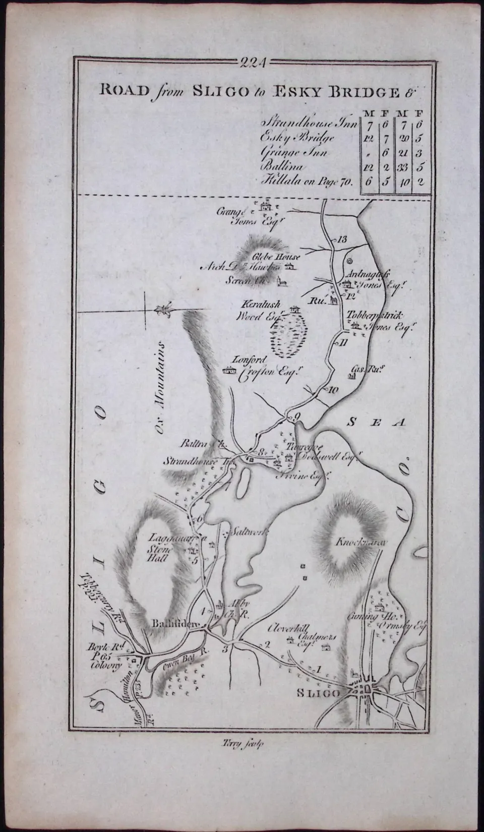 Ireland 245 Years -Old Antique Road Map Castlebar to Westport Mayo-224