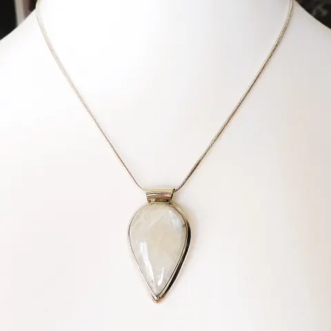 Vintage Artisan Sterling Silver Cabochon Teardrop Moonstone Necklace with Gift Box