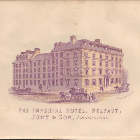 Chromolithographed Antique 1871 Imperial Hotel Belfast.