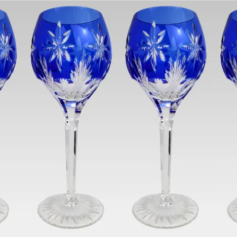 Set of Six Horst Belda Blue Overlay Cut Crystal Wine Glasses, Germany, c. 1980s