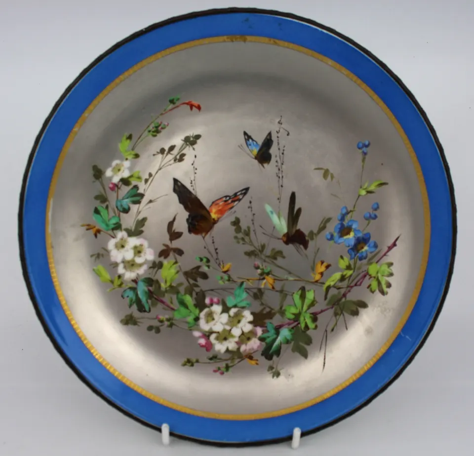 Fine Victorian Hand Painted Platinum Charger with Bronze Rim