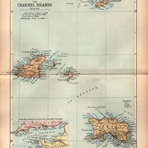 The Channel Islands 1895 Antique Victorian Coloured Map.