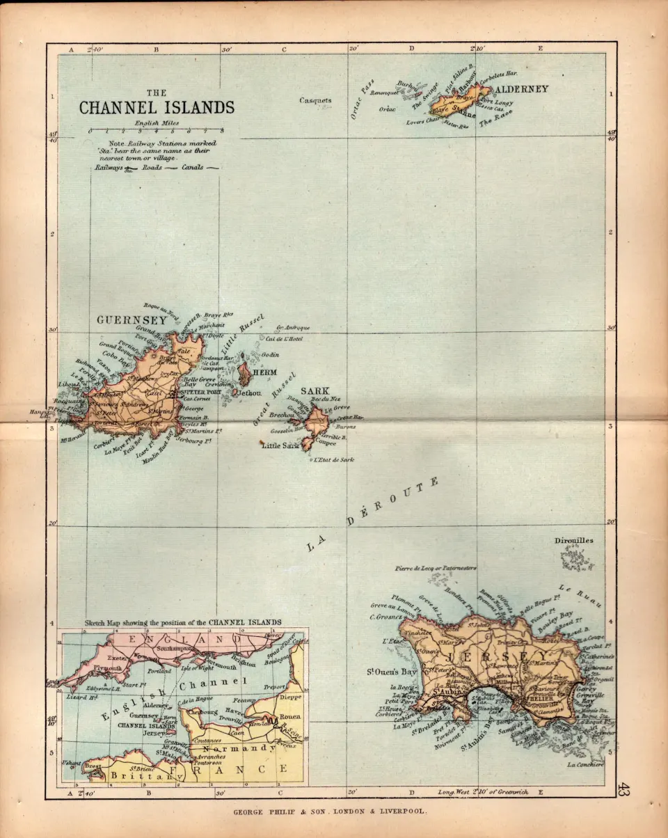 The Channel Islands 1895 Antique Victorian Coloured Map.