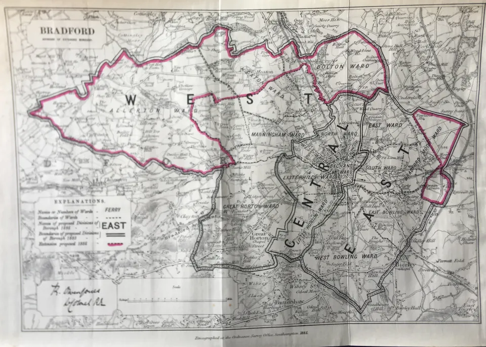 Antique 139 Years-Old Scarce Map City of Bradford 1885 Boundary Changes.