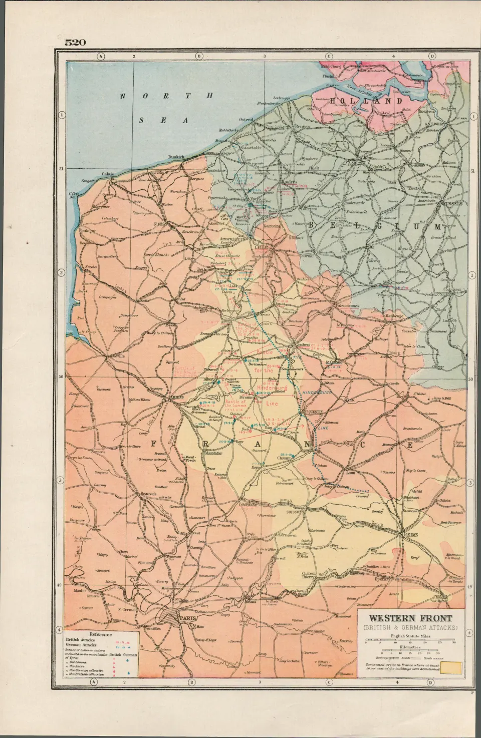 WW1 Western Front British & German Lines  Antique Map 1922.