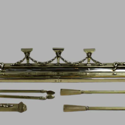 Antique Edwardian Brass Fireplace Fender & Matching Fire Irons