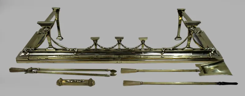 Antique Edwardian Brass Fireplace Fender & Matching Fire Irons