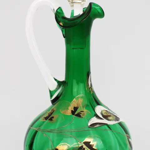 Antique Victorian Hand-Painted Emerald Green Glass Claret Jug