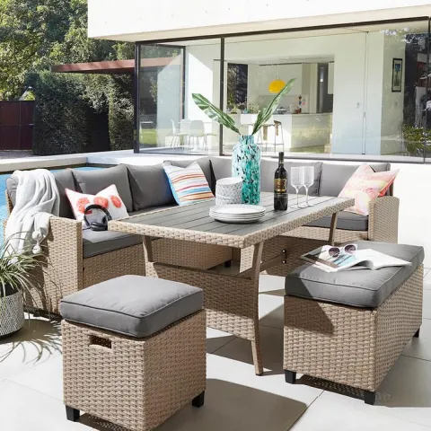 (1) RRP £999. Almalfi Corner Dining Set Natural/Grey. Dimensions: (Table: 144x74x67cm, 3 Seat Sofa(