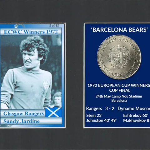 Sandy Jardine Rangers Barcelona Bears 1972 ECWC Mounted Card & Coin Set.