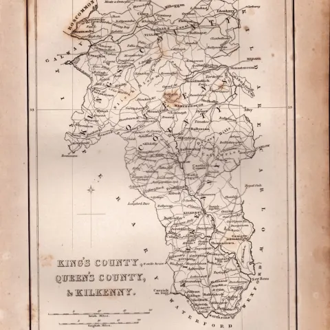 Kings & Queens County B/W Antique 1850’s Map Mrs Hall Tour of Ireland.