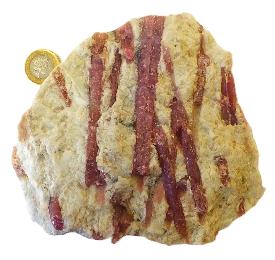 A Mineralogical Specimen With Large Natural Rubelite Crystals In Matrix