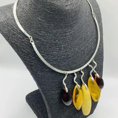 Luxury Artisan Bespoke Unique 925 Silver Amber Pendant Collar Necklace