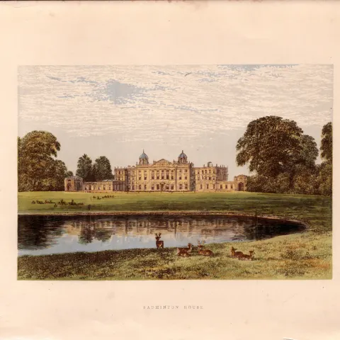 Badminton House Gloucestershire Gilt-Edge Coloured Antique Book Plate.
