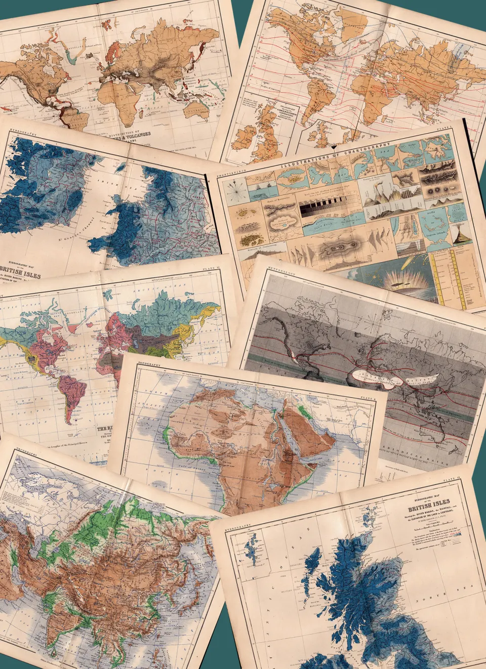 Job-Lot 1871 WK Johnston & William Blackwood Antique Physical Geography Maps.